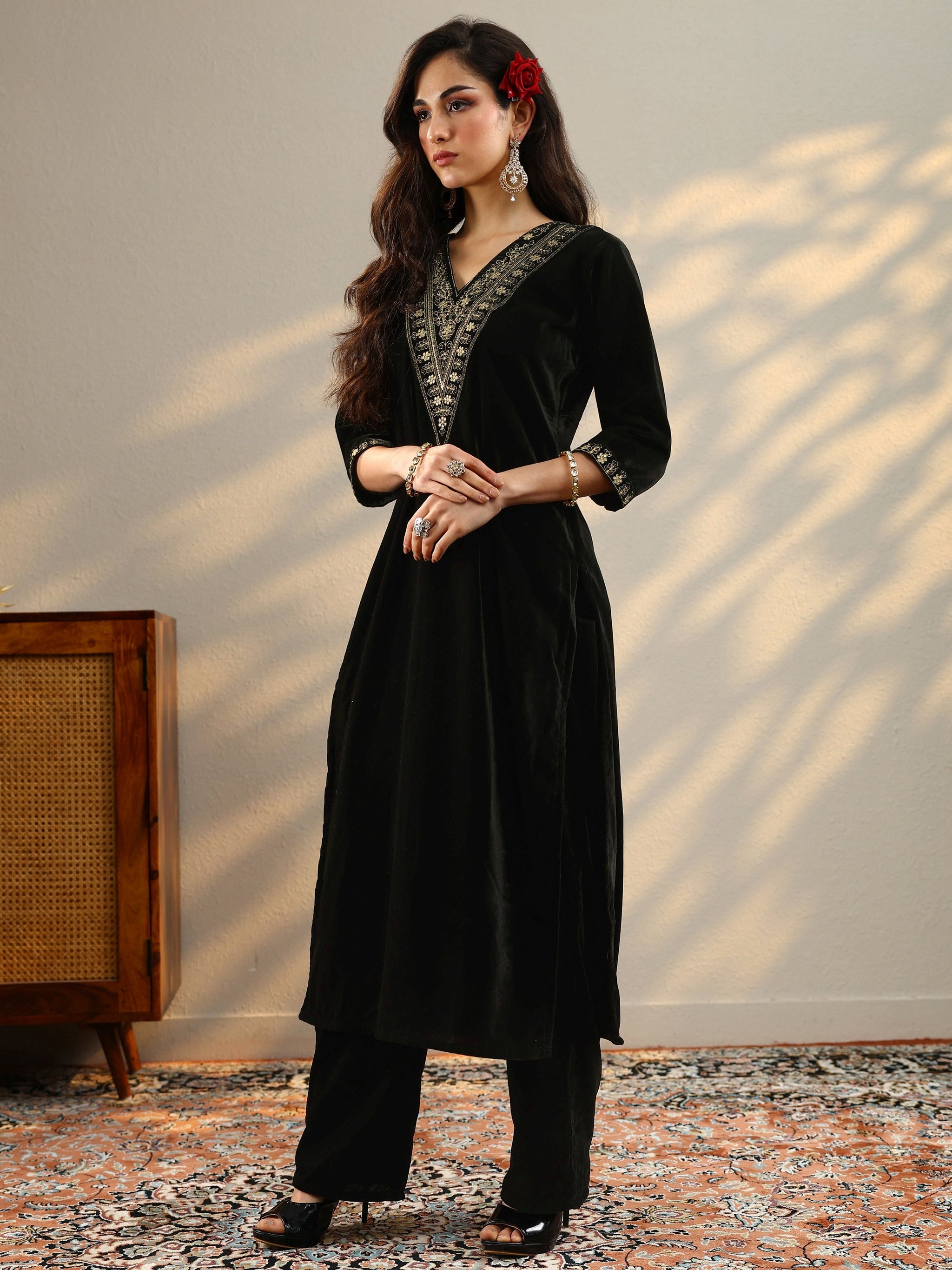 Libas Black Yoke Design Velvet Straight Suit With Dupatta