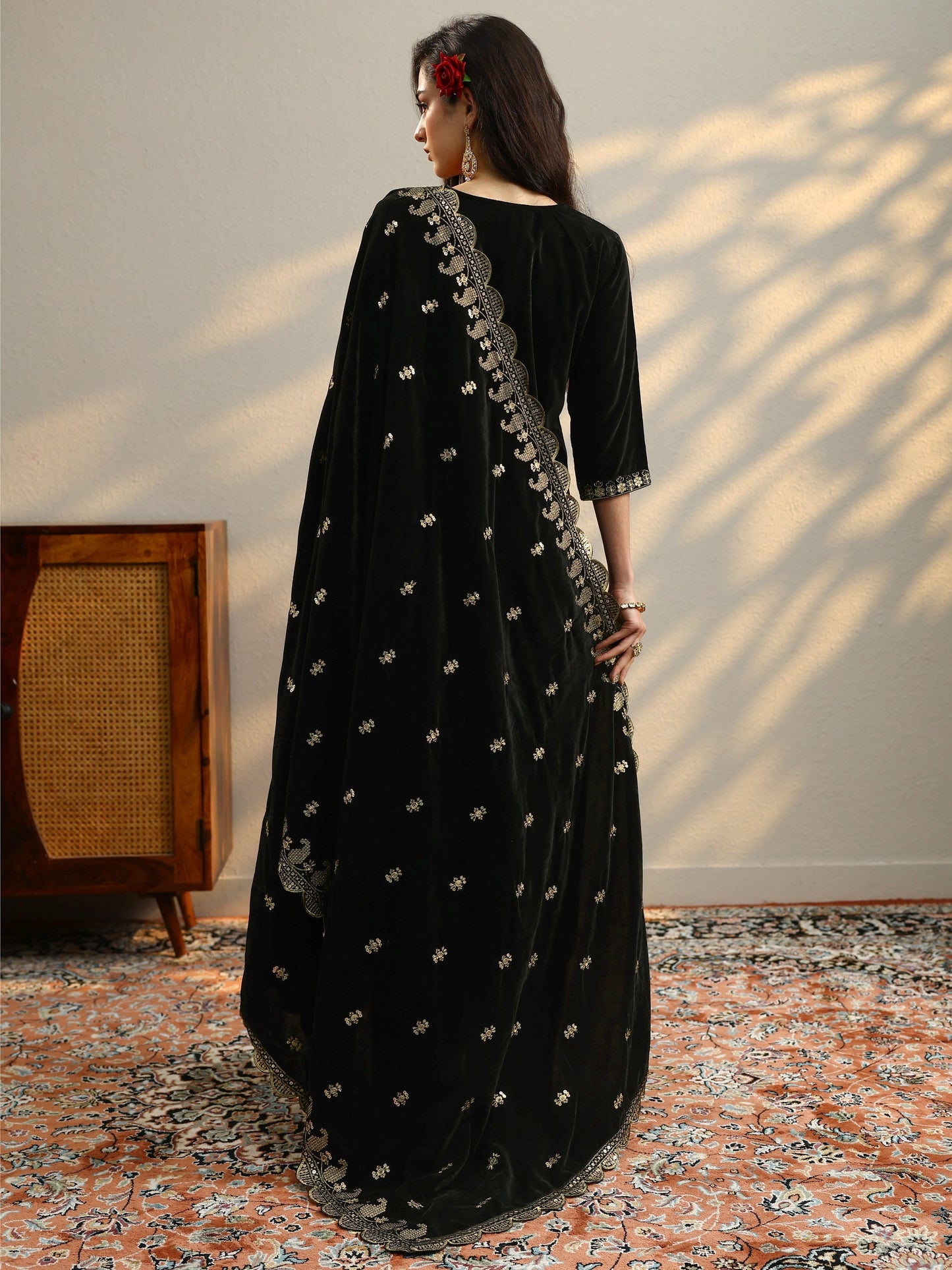 Libas Black Yoke Design Velvet Straight Suit With Dupatta