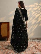 Libas Black Yoke Design Velvet Straight Suit With Dupatta