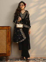 Libas Black Yoke Design Velvet Straight Suit With Dupatta