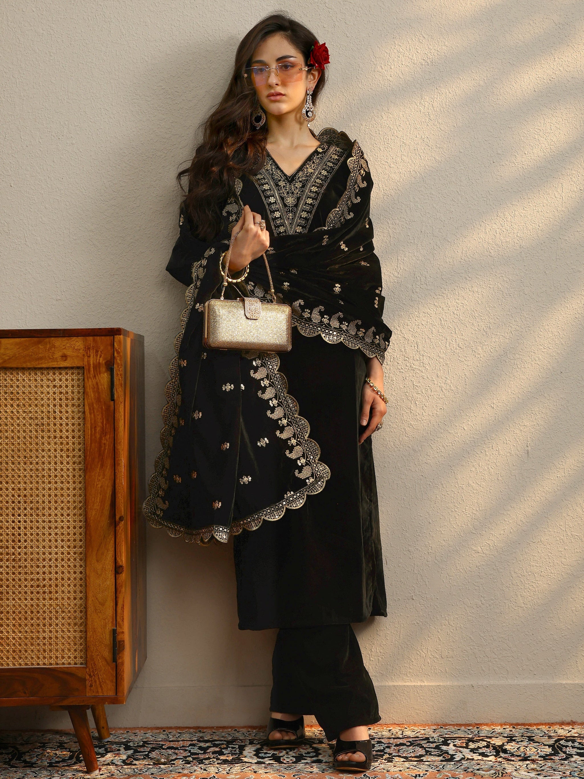 Libas Black Yoke Design Velvet Straight Suit With Dupatta