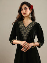 Libas Black Yoke Design Velvet Straight Suit With Dupatta