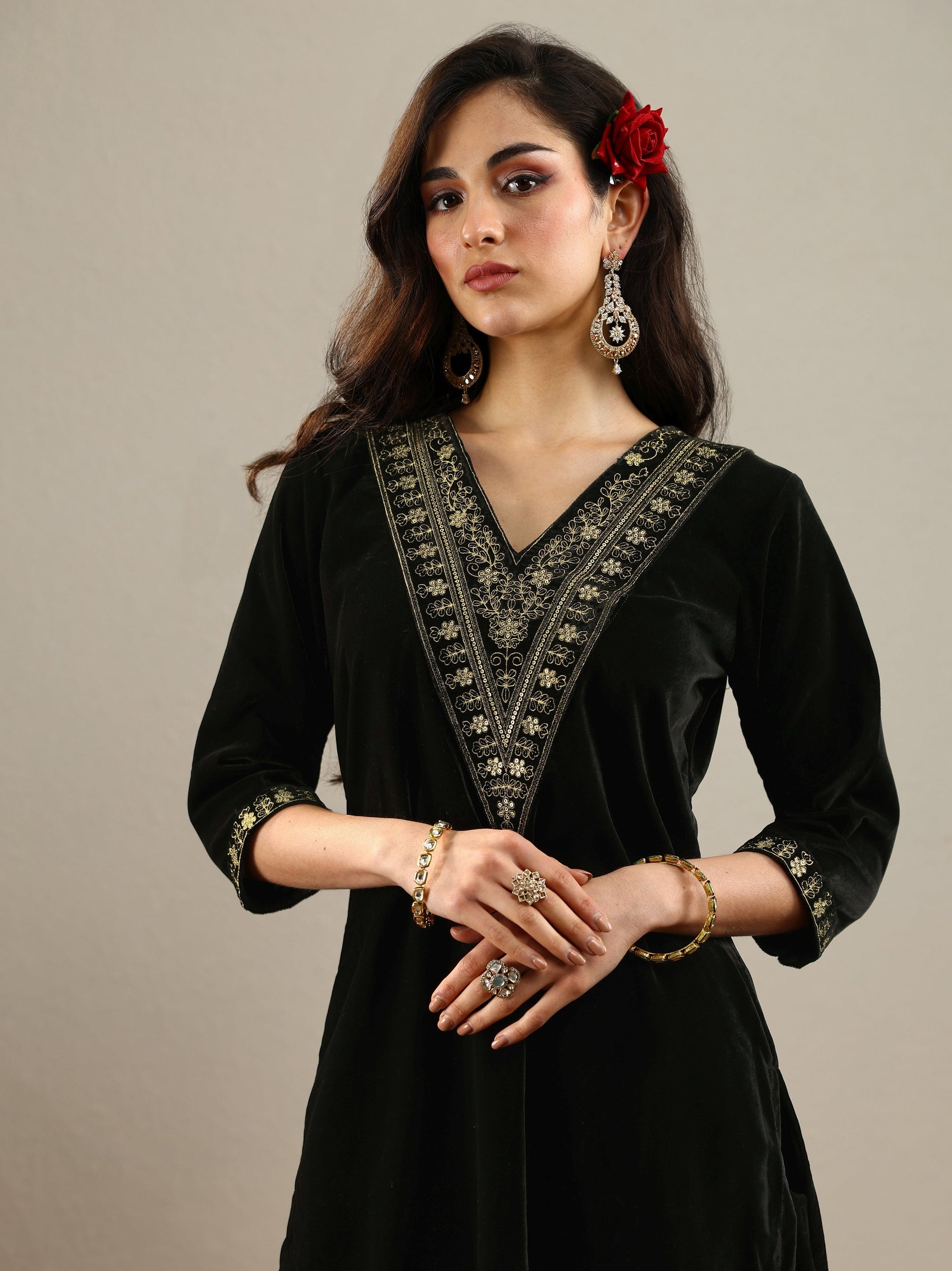 Libas Black Yoke Design Velvet Straight Suit With Dupatta