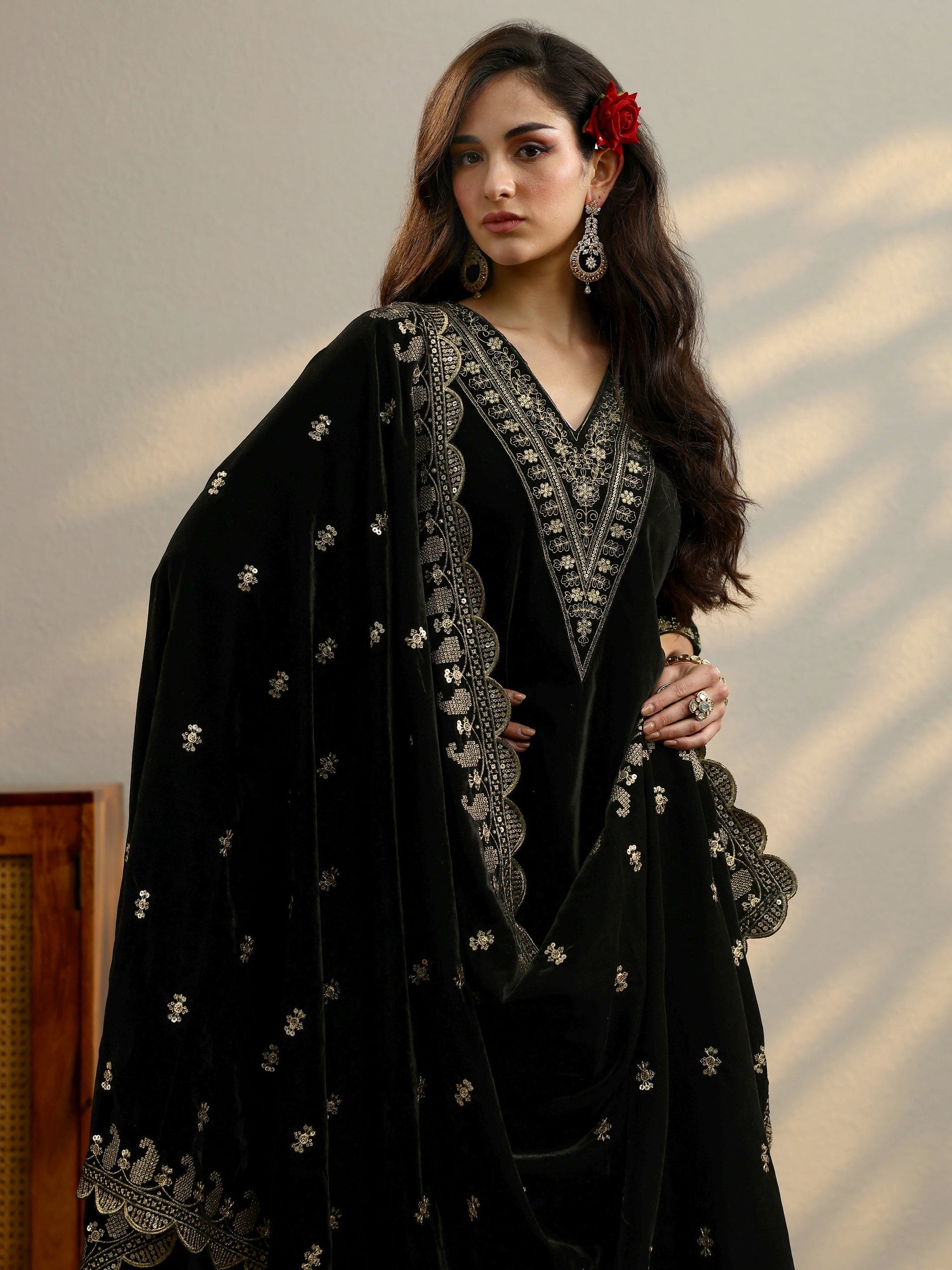 Libas Black Yoke Design Velvet Straight Suit With Dupatta