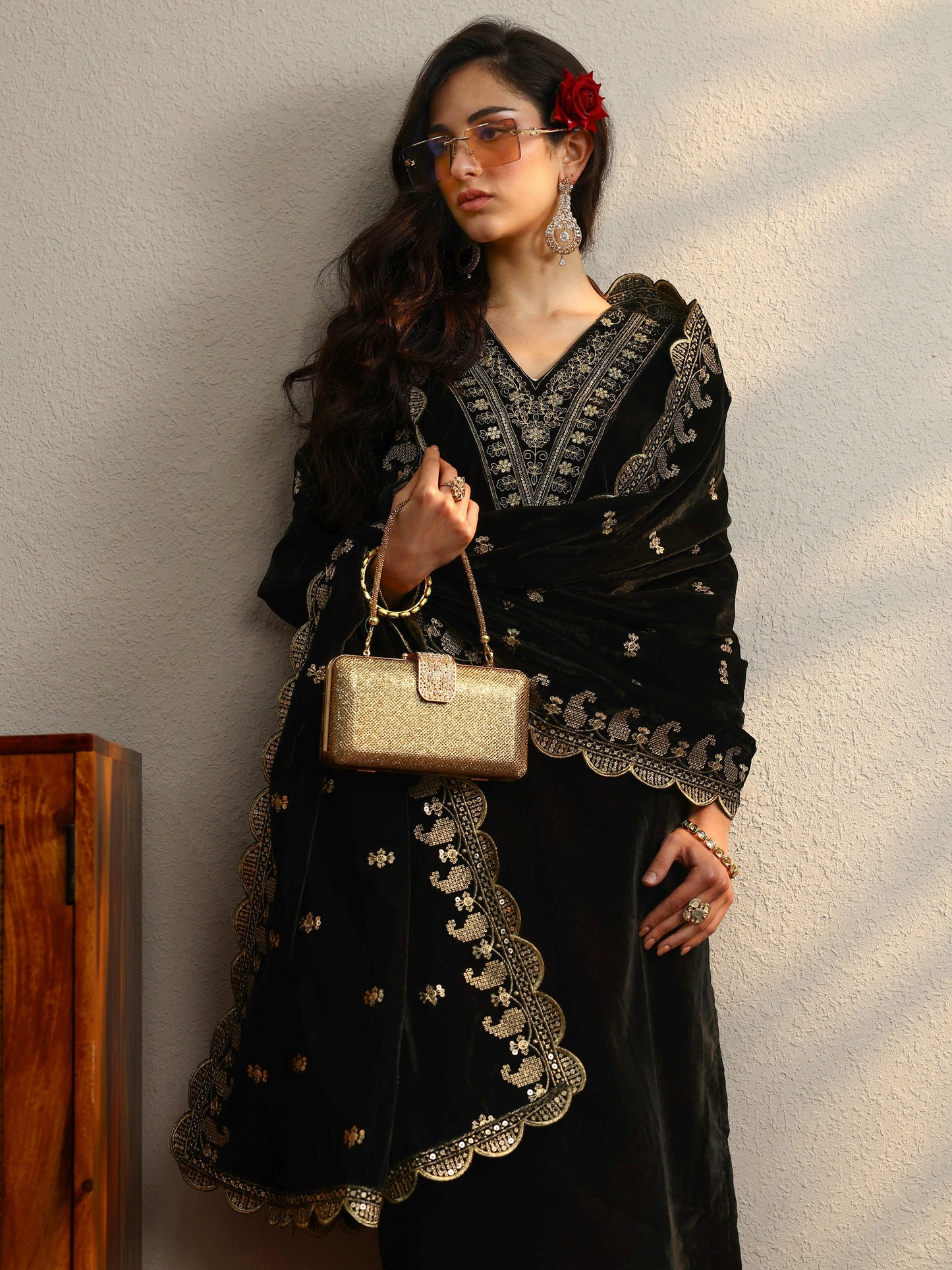 Libas Black Yoke Design Velvet Straight Suit With Dupatta