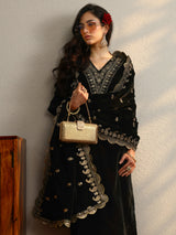 Libas Black Yoke Design Velvet Straight Suit With Dupatta