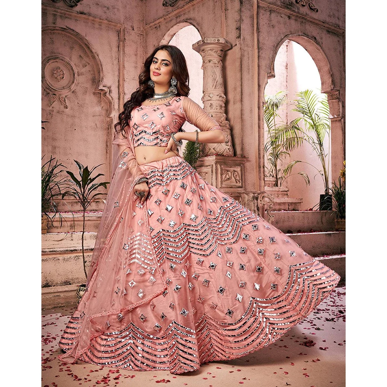 Light Peach Foil Mirror and Thread Work Lehenga choli