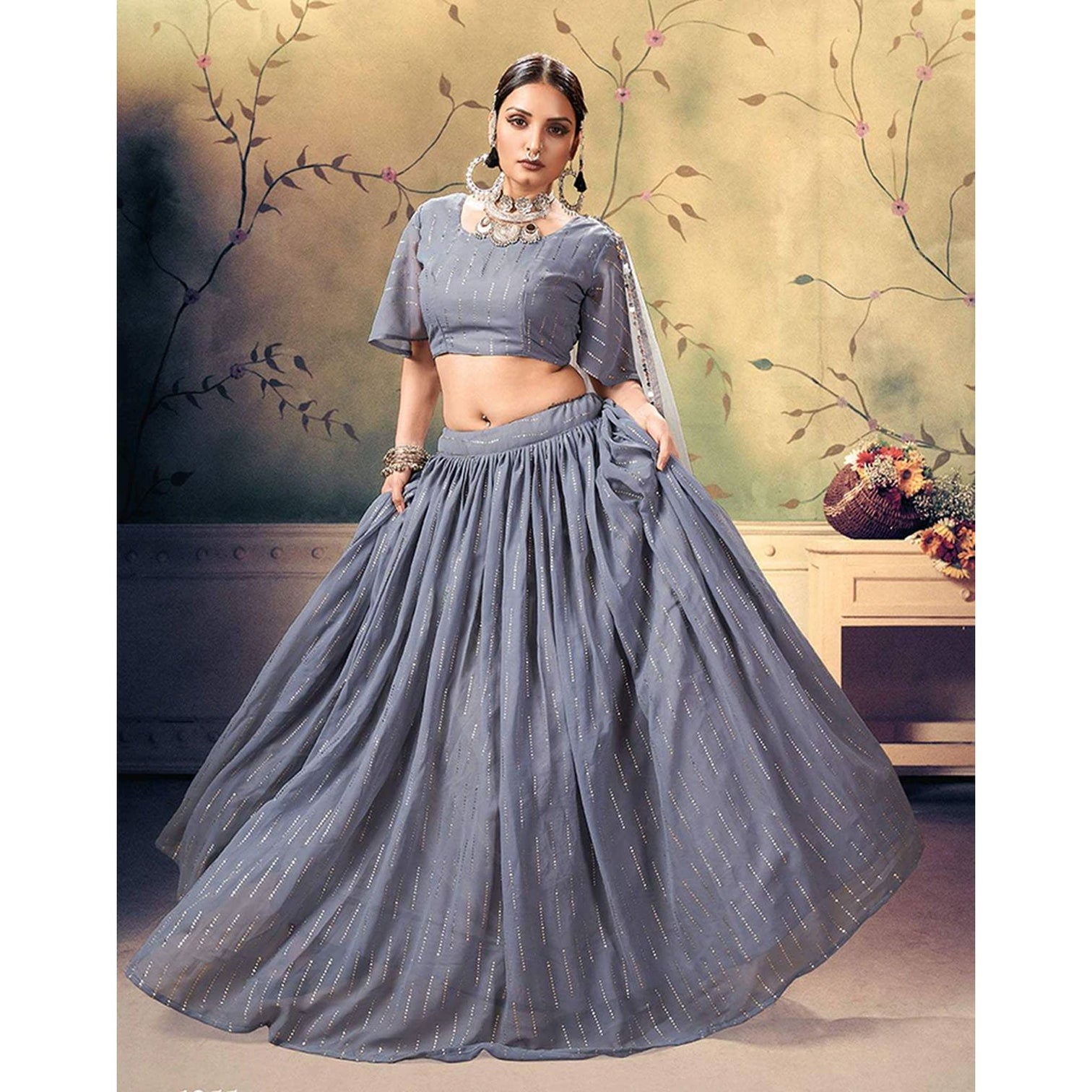 Jet Grey Georgette Fabrics Lehenga choli