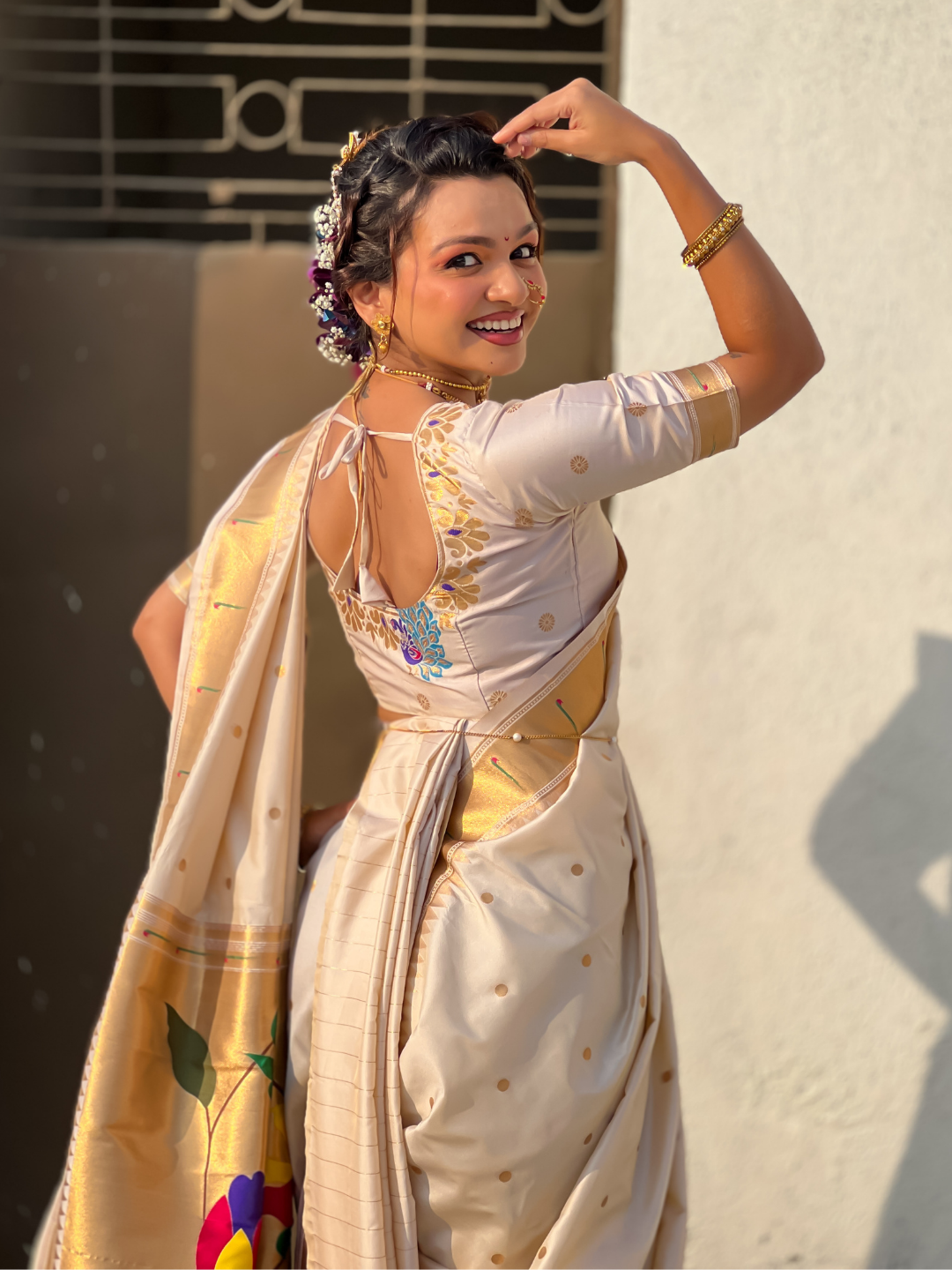 White wedding special nauvari paithani soft silk saree with zari woven polka motifs and peacock pallu