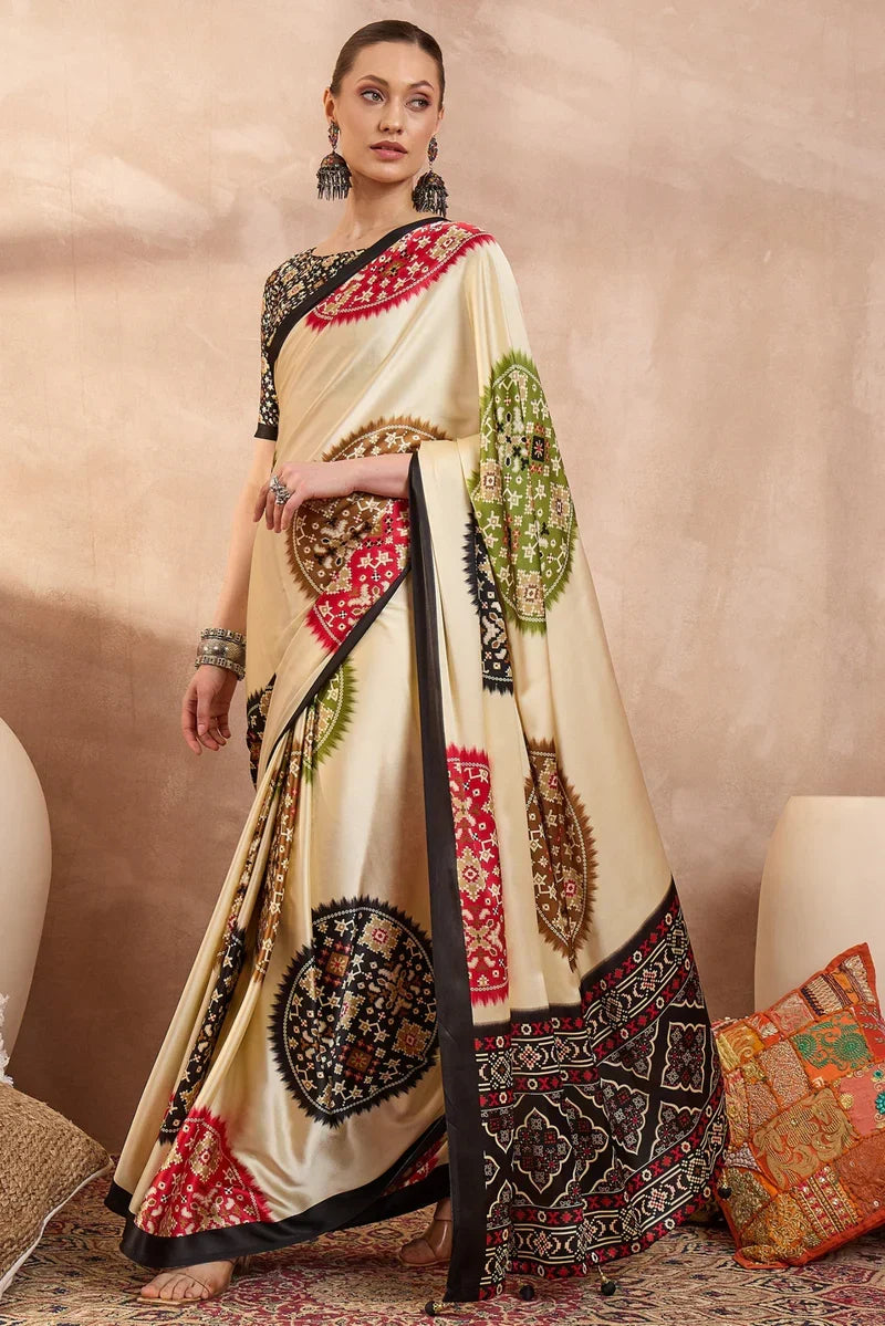 Ivory cream modal silk saree with patola inspired multicolor print black designer pallu festive traditional wear saree
