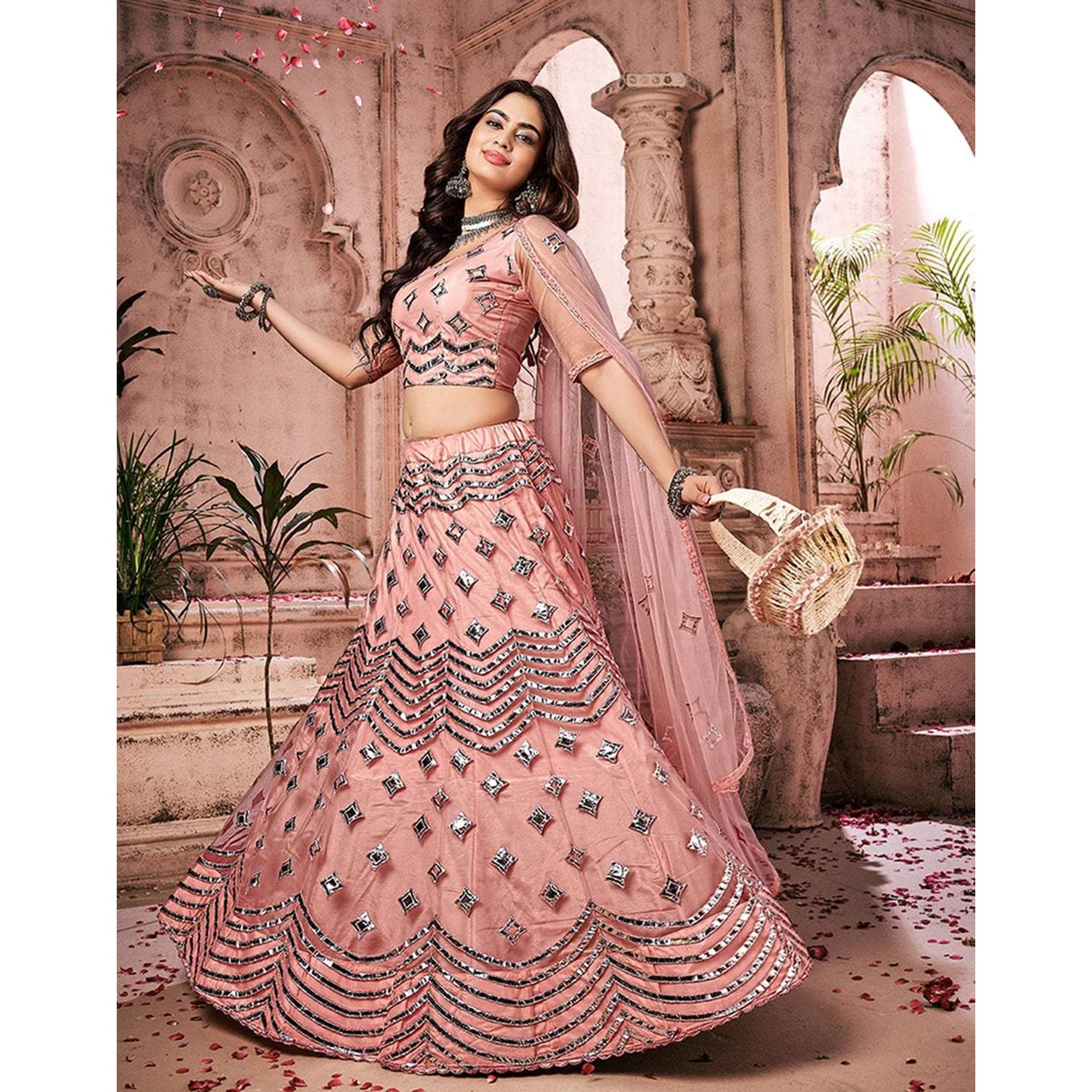 Light Peach Foil Mirror and Thread Work Lehenga choli
