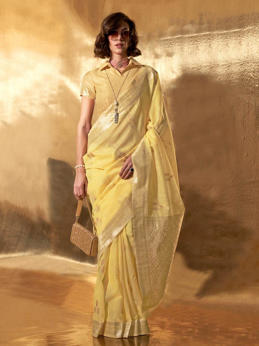 Yellow Party Wear Linen Saree With Blouse Piece