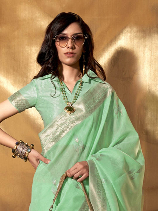 Mint Green Party Wear Linen Saree With Blouse Piece
