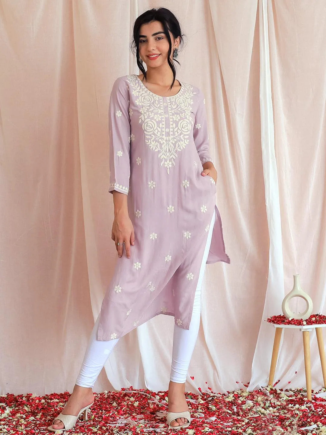 Libas Mauve Embroidered Rayon Straight Kurta