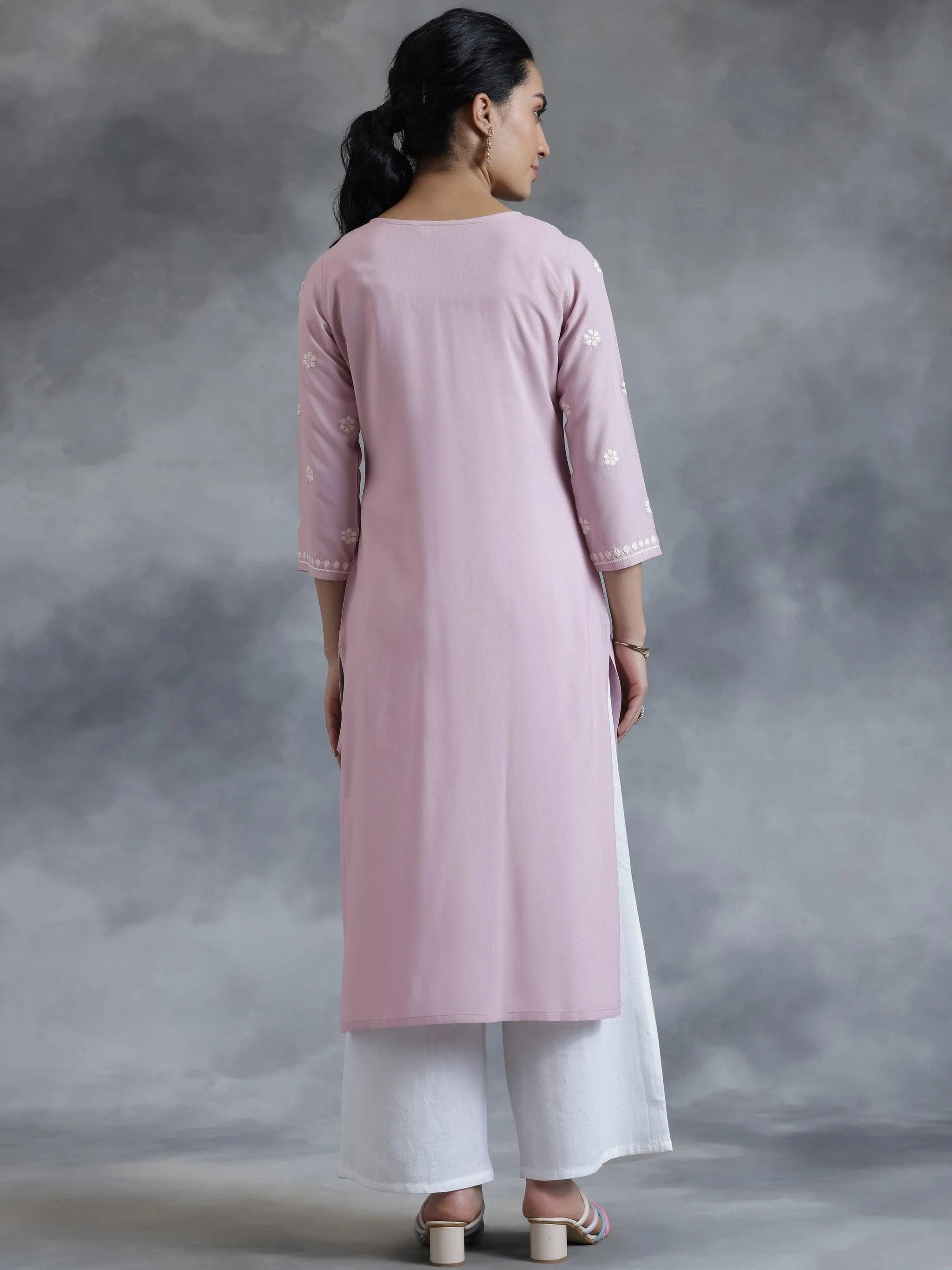 Libas Mauve Embroidered Rayon Straight Kurta