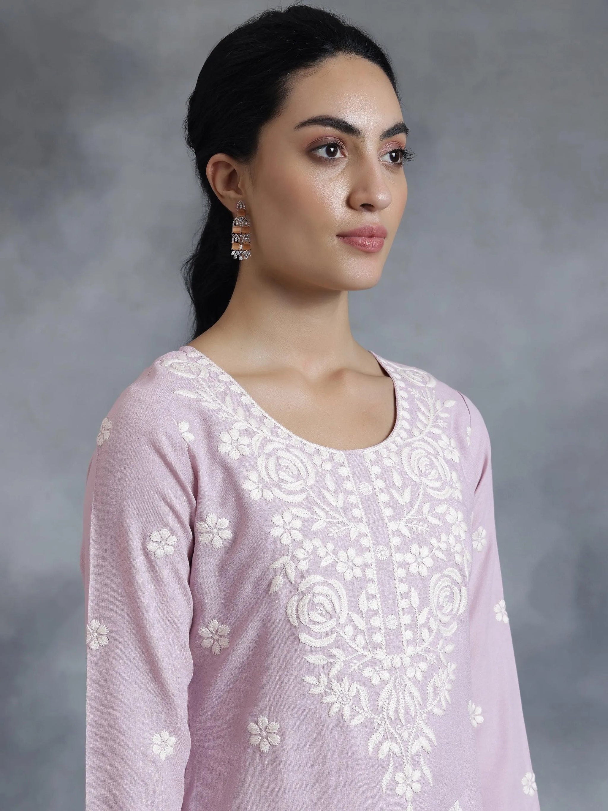 Libas Mauve Embroidered Rayon Straight Kurta