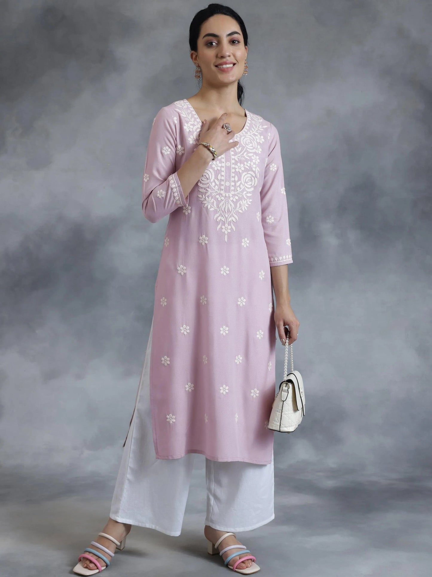 Libas Mauve Embroidered Rayon Straight Kurta