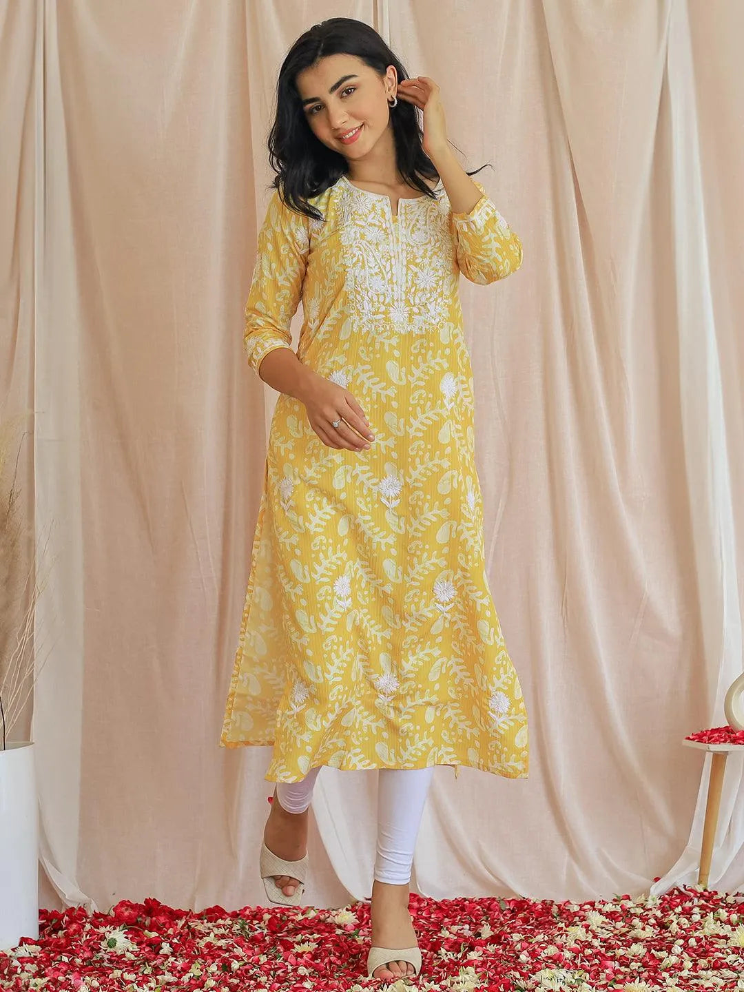 Libas Yellow Embroidered Cotton Straight Kurta