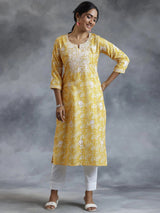 Libas Yellow Embroidered Cotton Straight Kurta