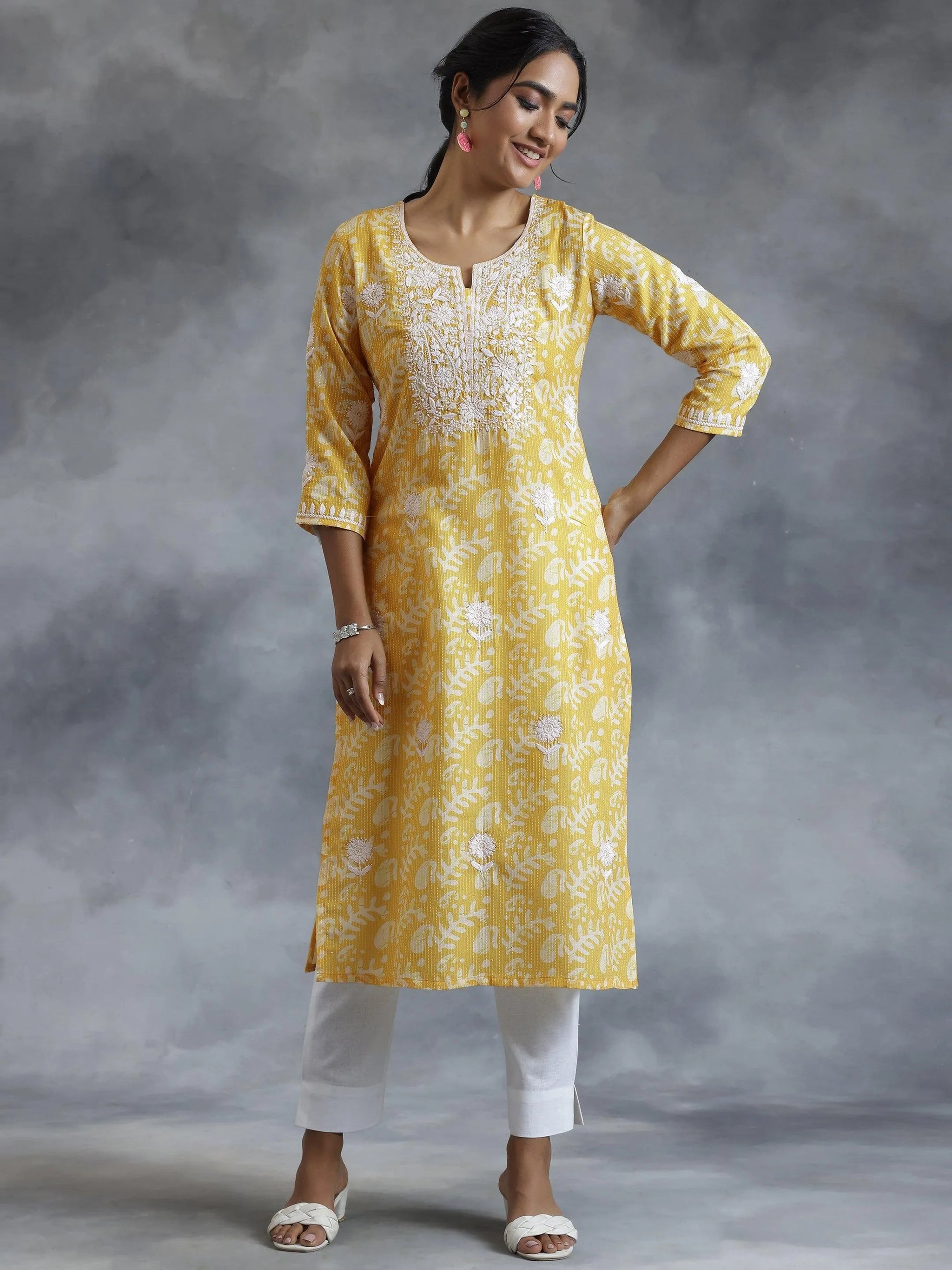Libas Yellow Embroidered Cotton Straight Kurta
