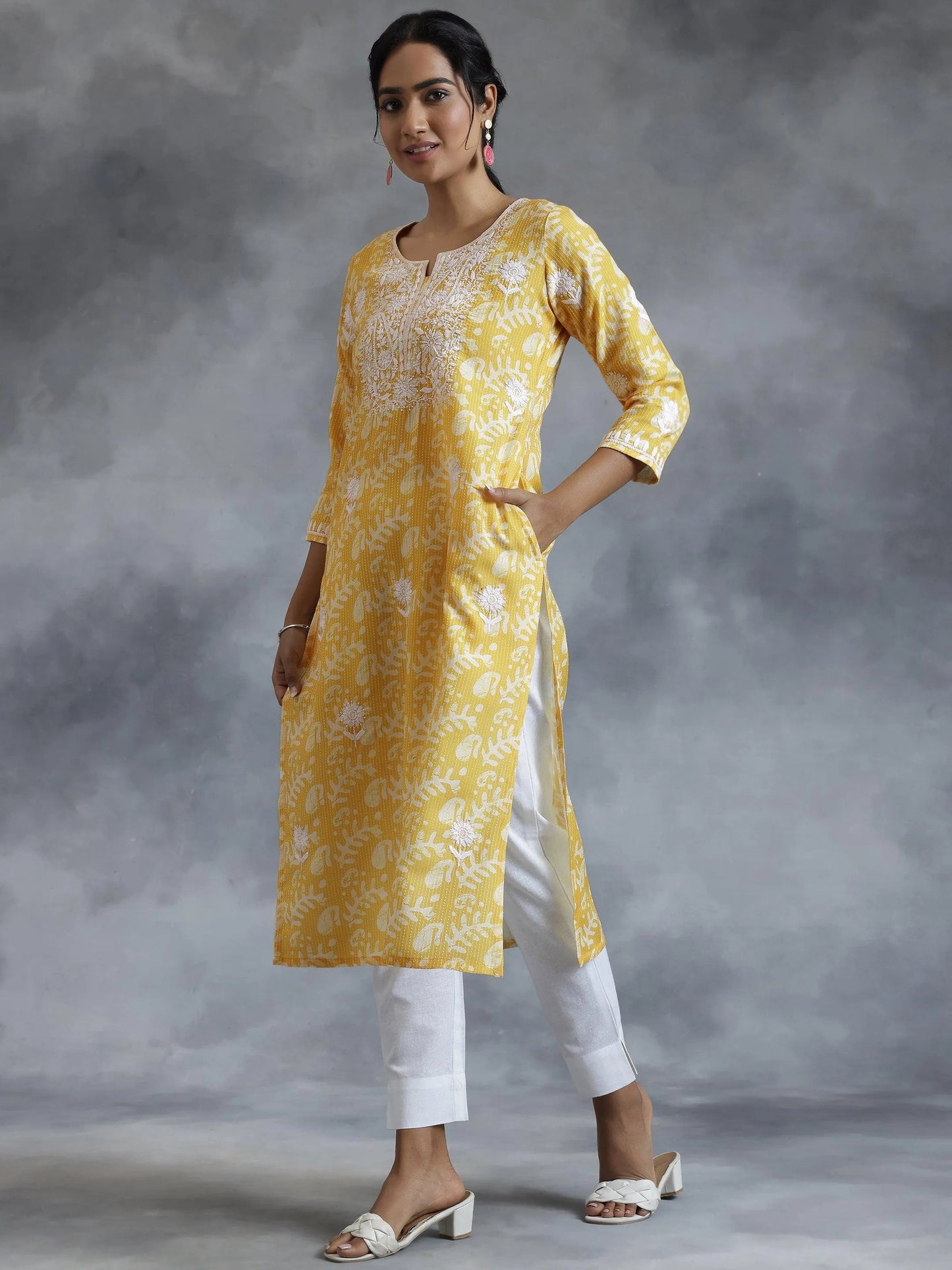 Libas Yellow Embroidered Cotton Straight Kurta