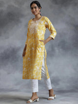 Libas Yellow Embroidered Cotton Straight Kurta