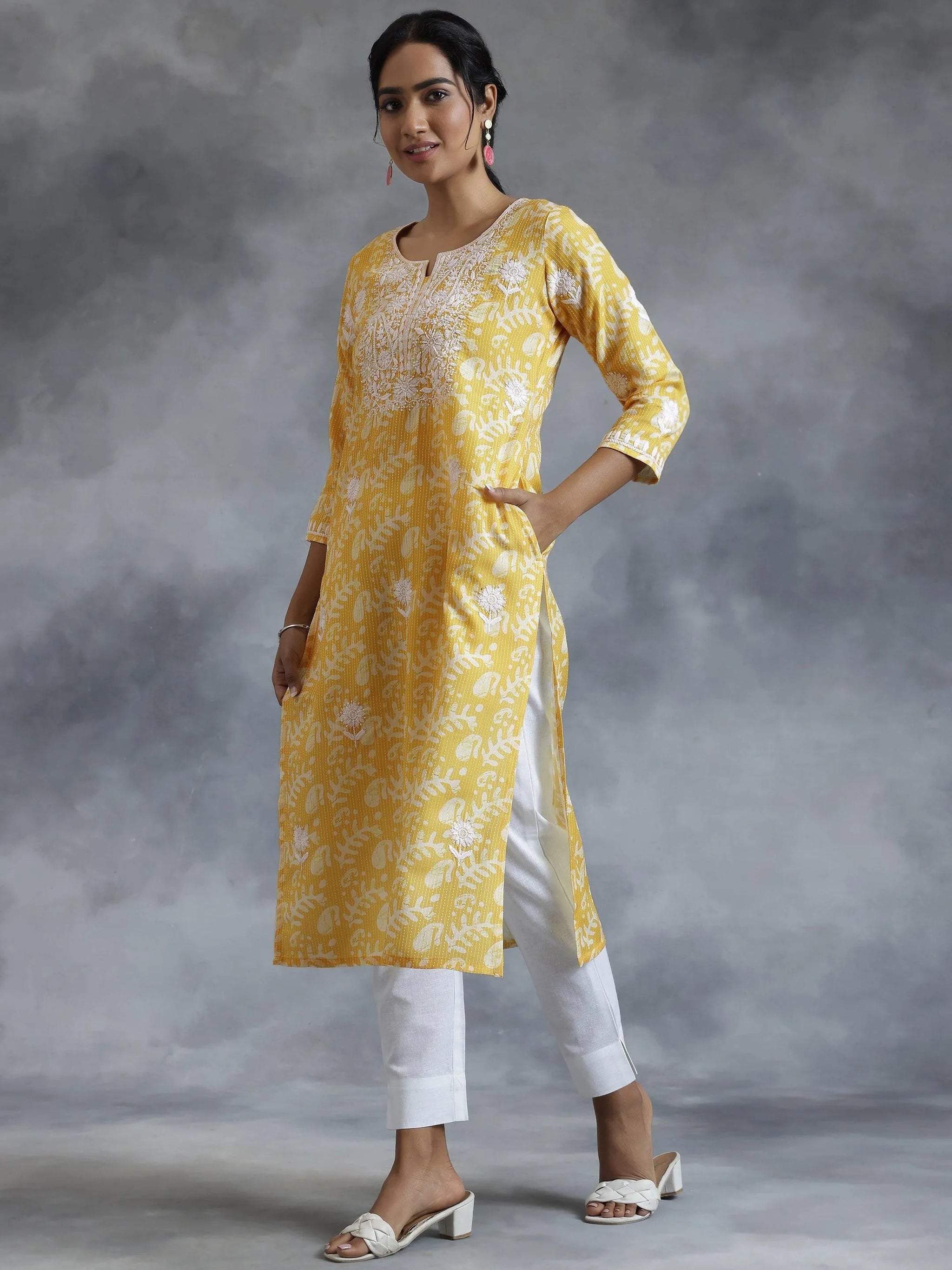 Libas Yellow Embroidered Cotton Straight Kurta