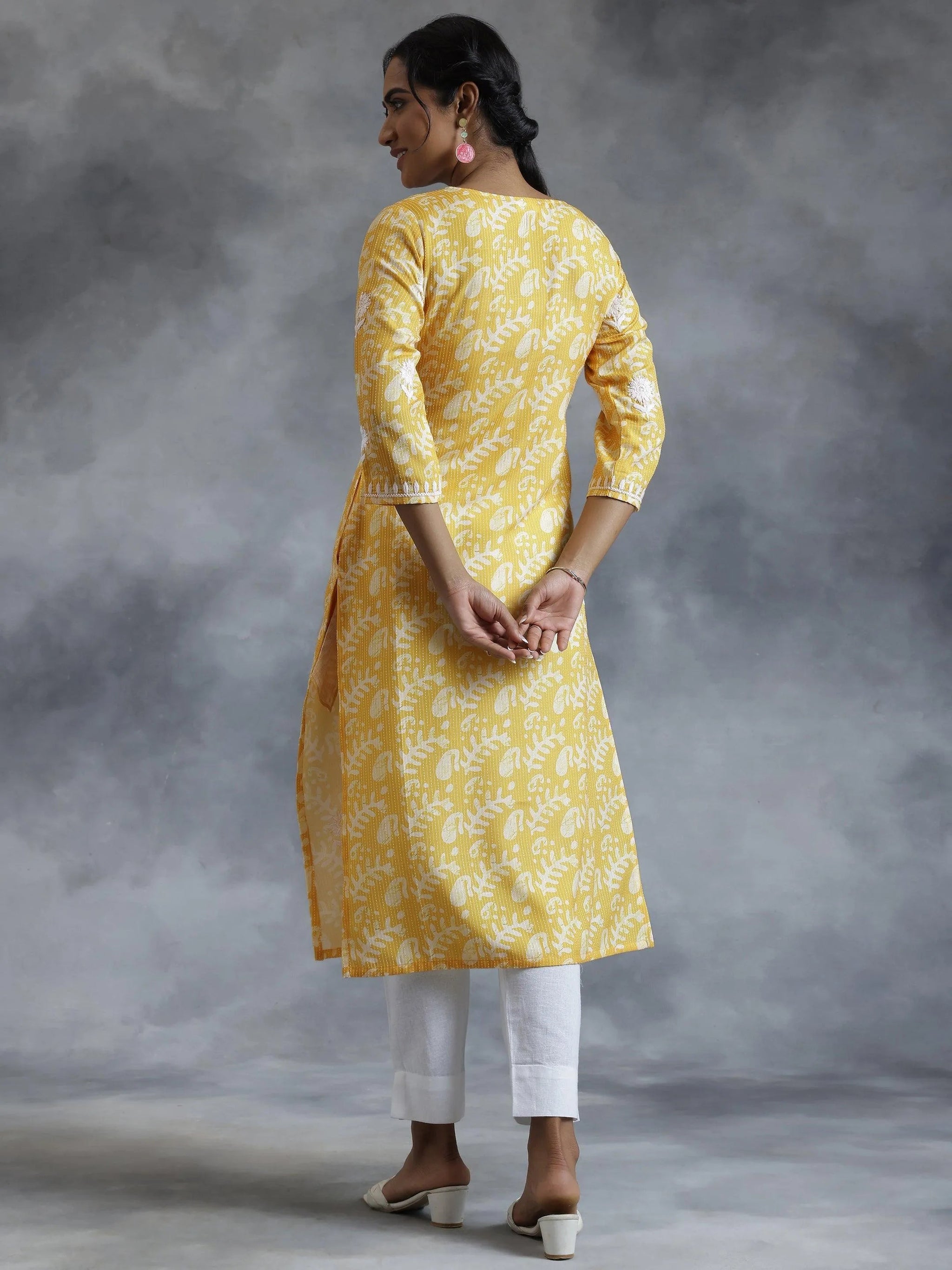 Libas Yellow Embroidered Cotton Straight Kurta