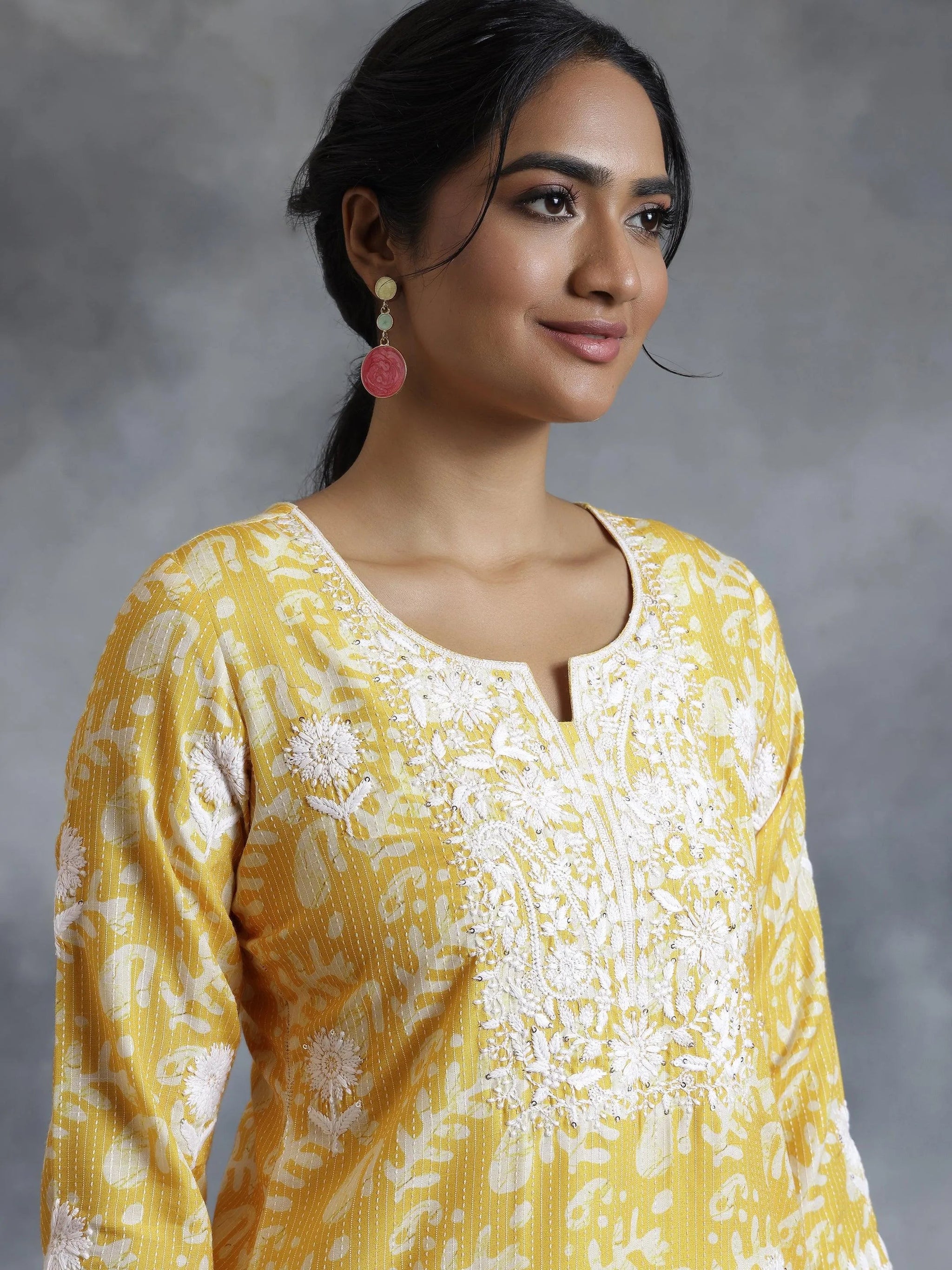 Libas Yellow Embroidered Cotton Straight Kurta