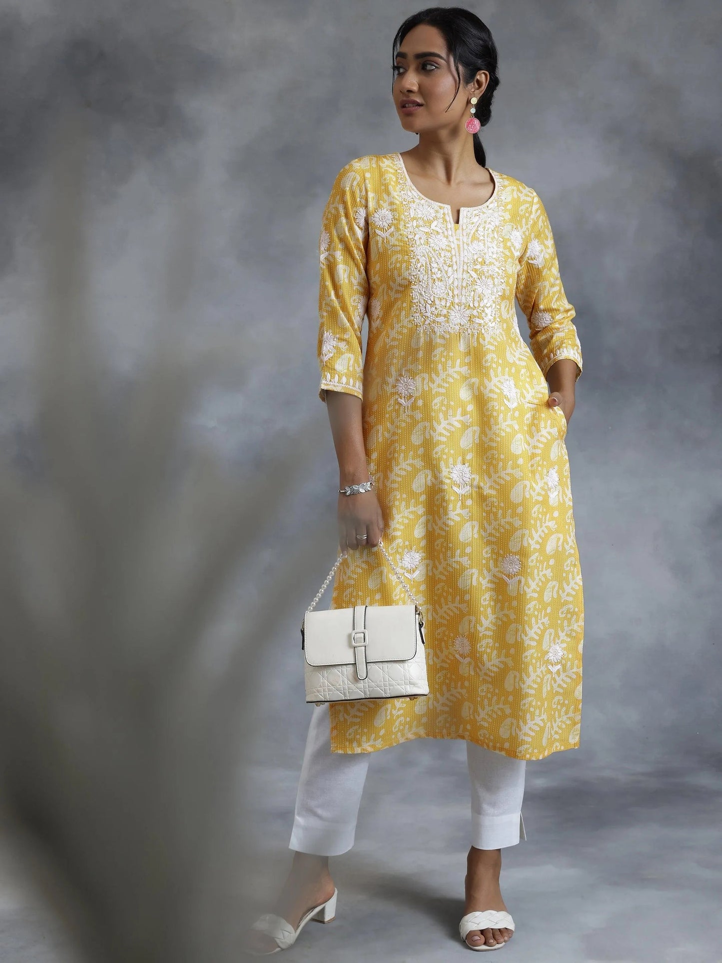 Libas Yellow Embroidered Cotton Straight Kurta