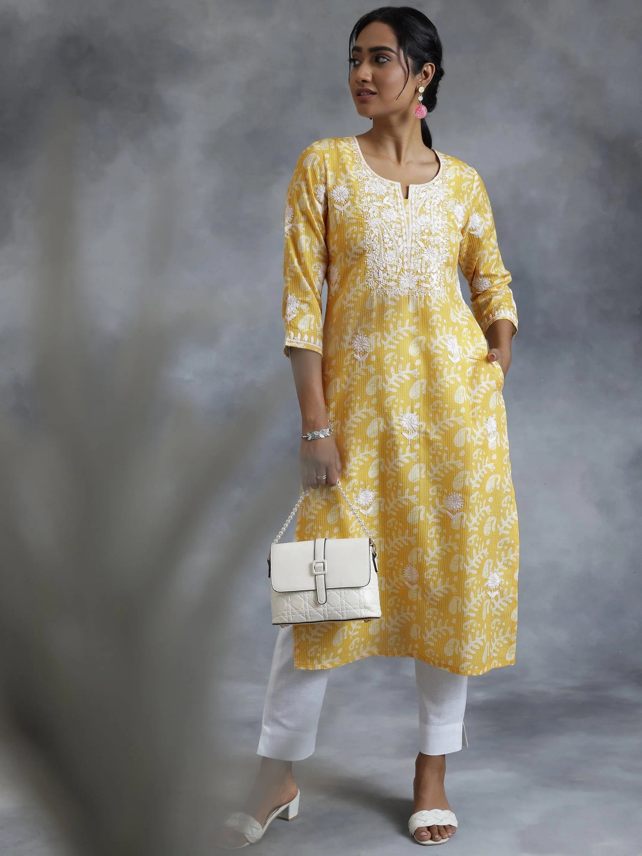 Libas Yellow Embroidered Cotton Straight Kurta