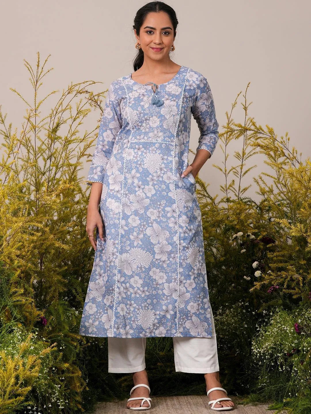 Libas Blue Printed Cotton Straight Kurta
