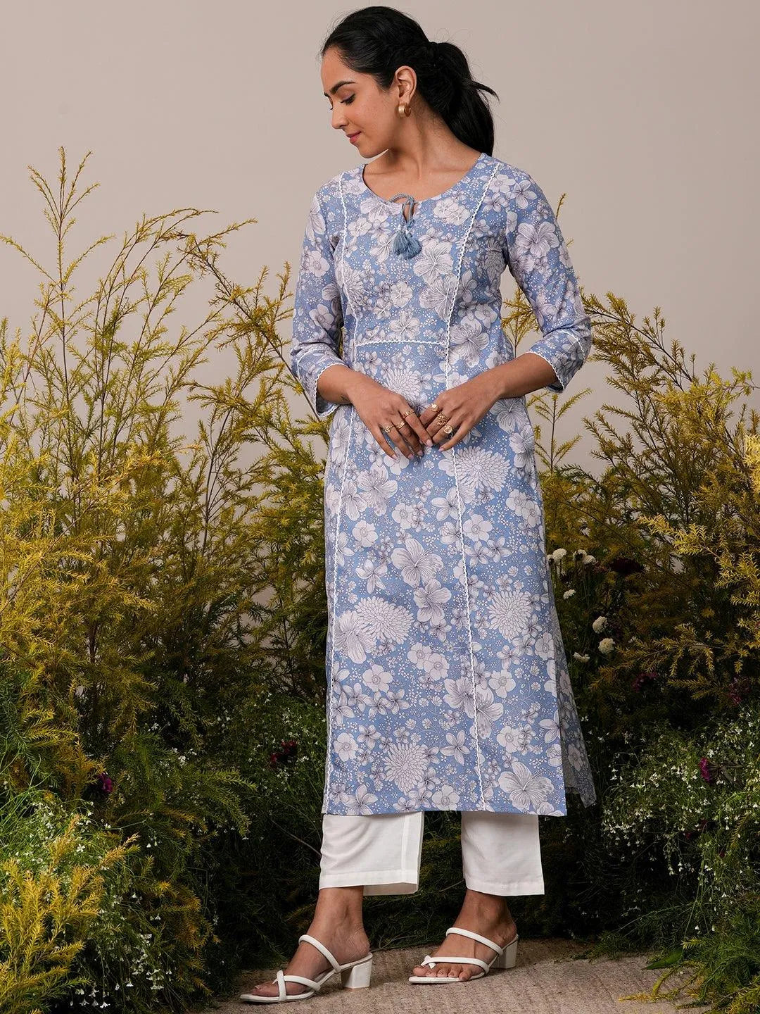 Libas Blue Printed Cotton Straight Kurta