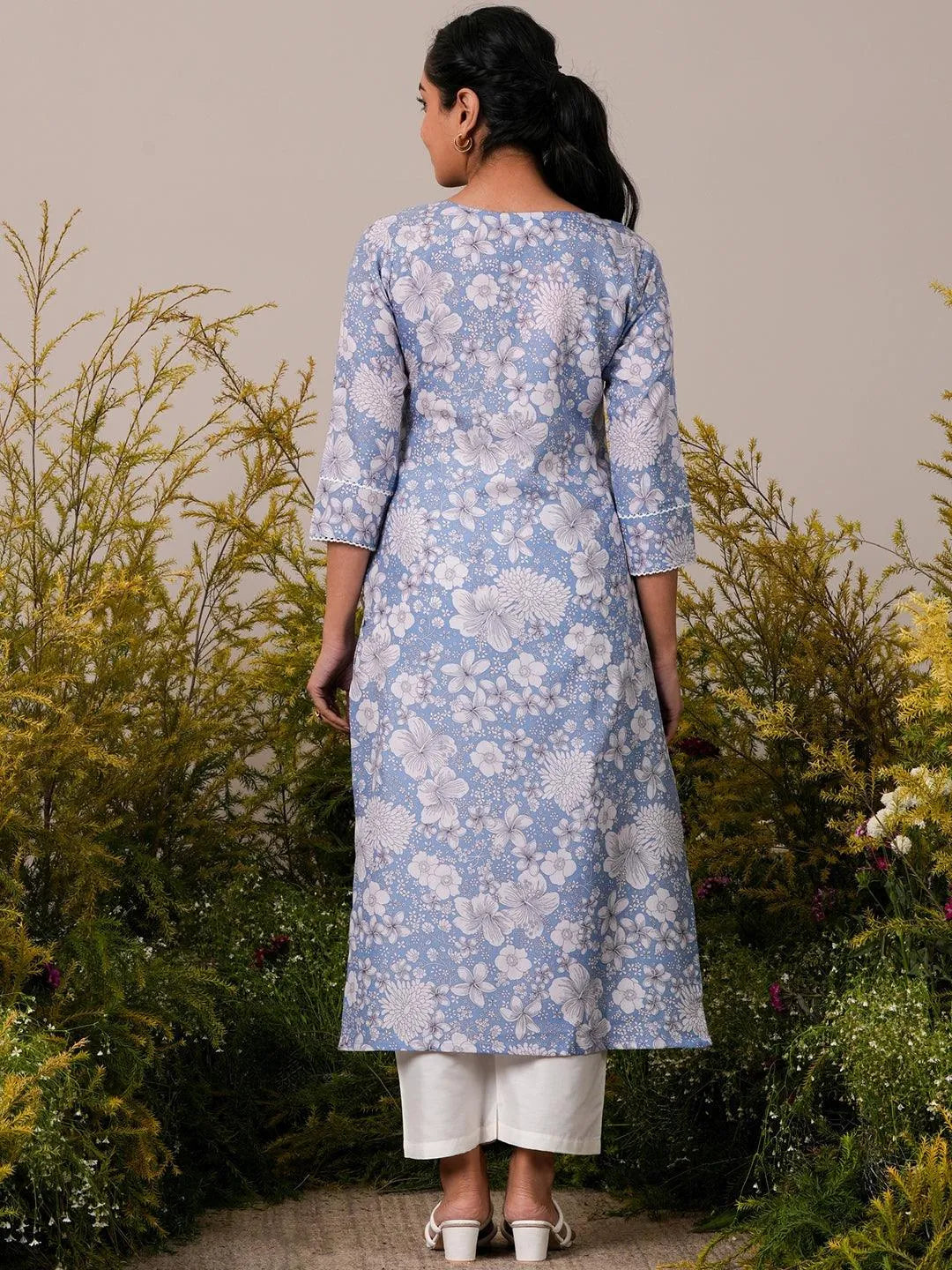 Libas Blue Printed Cotton Straight Kurta