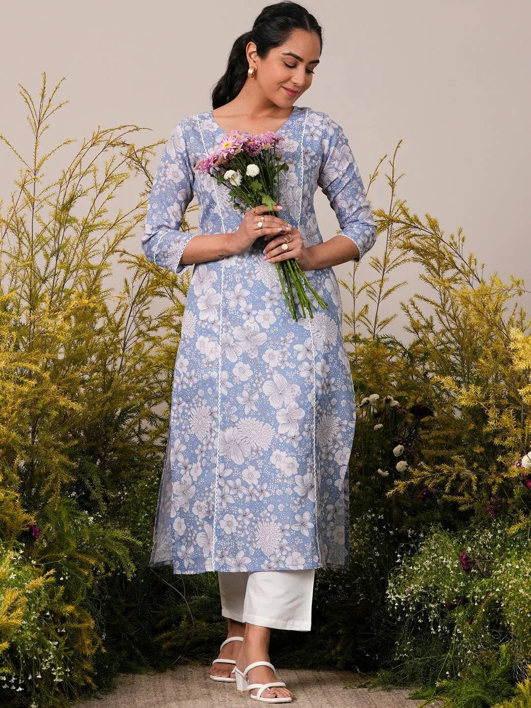 Libas Blue Printed Cotton Straight Kurta
