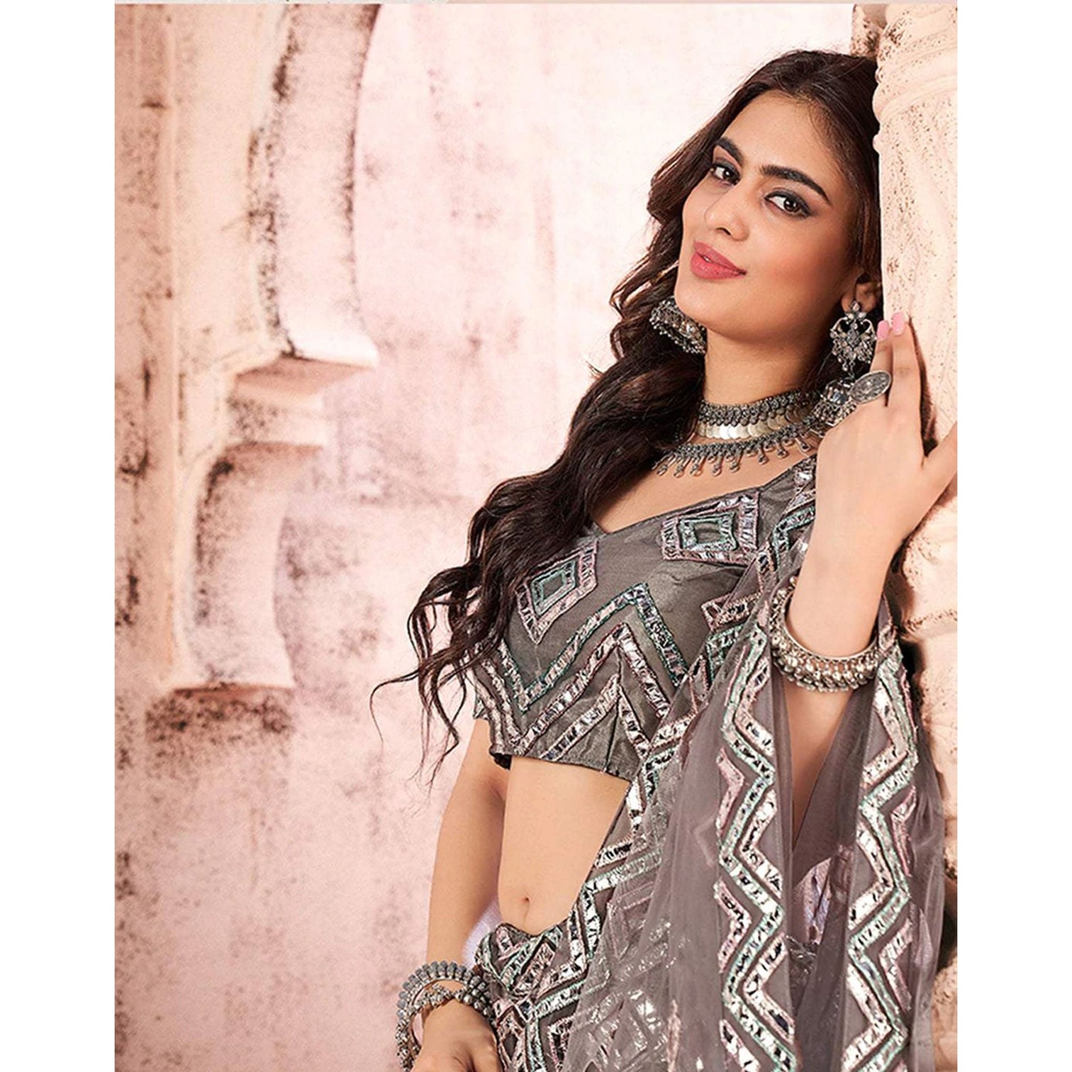 Grey heavy Foil Mirror and Thread Work Lehenga choli