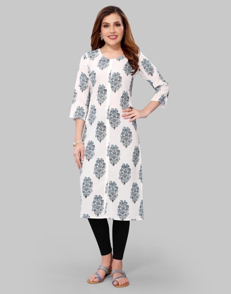 White Digital Printed Crepe Kurti