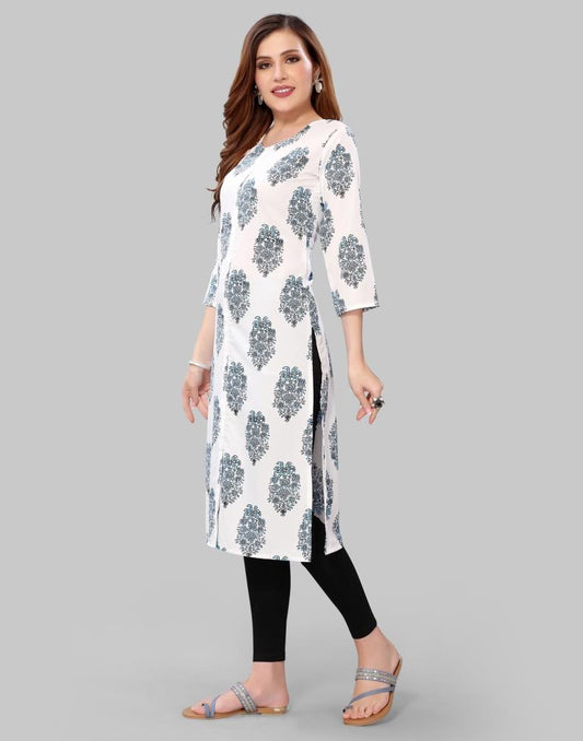 White Digital Printed Crepe Kurti