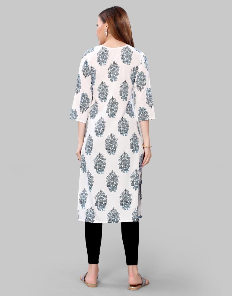 White Digital Printed Crepe Kurti