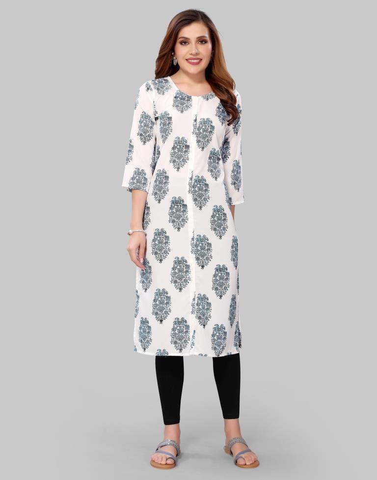 White Digital Printed Crepe Kurti