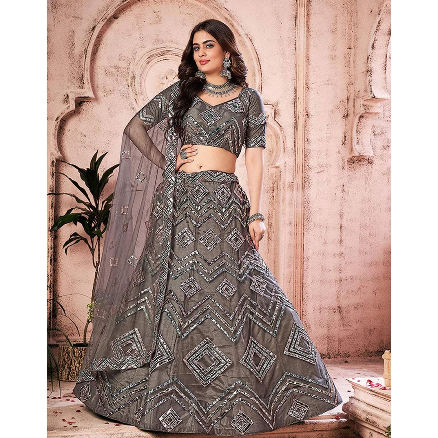 Grey heavy Foil Mirror and Thread Work Lehenga choli