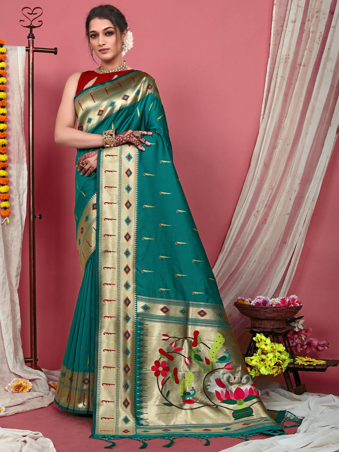 Teal Blue Saree in Paithani Silk
