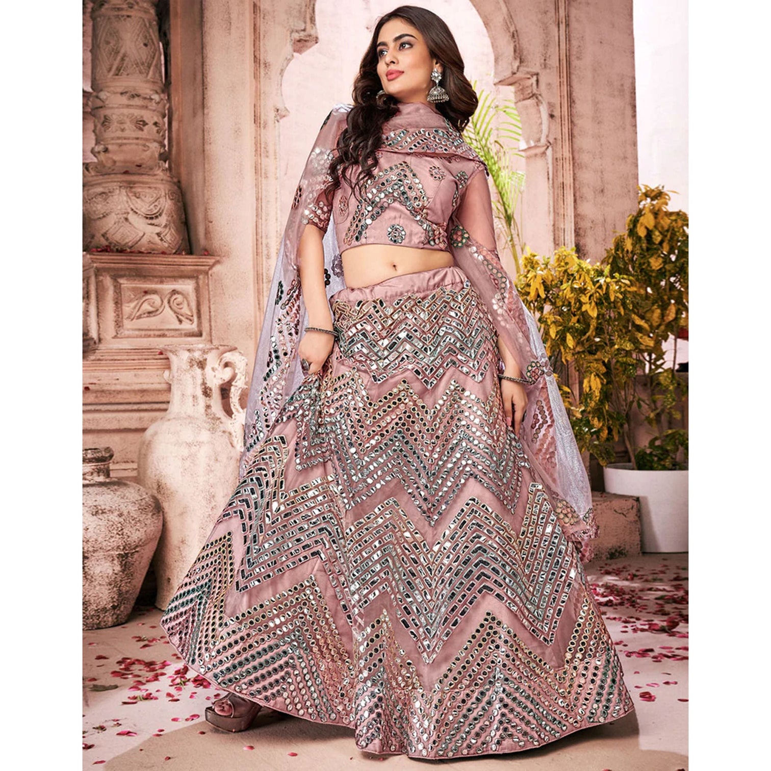 Dark Peach Foil Mirror and Thread Work Lehenga choli