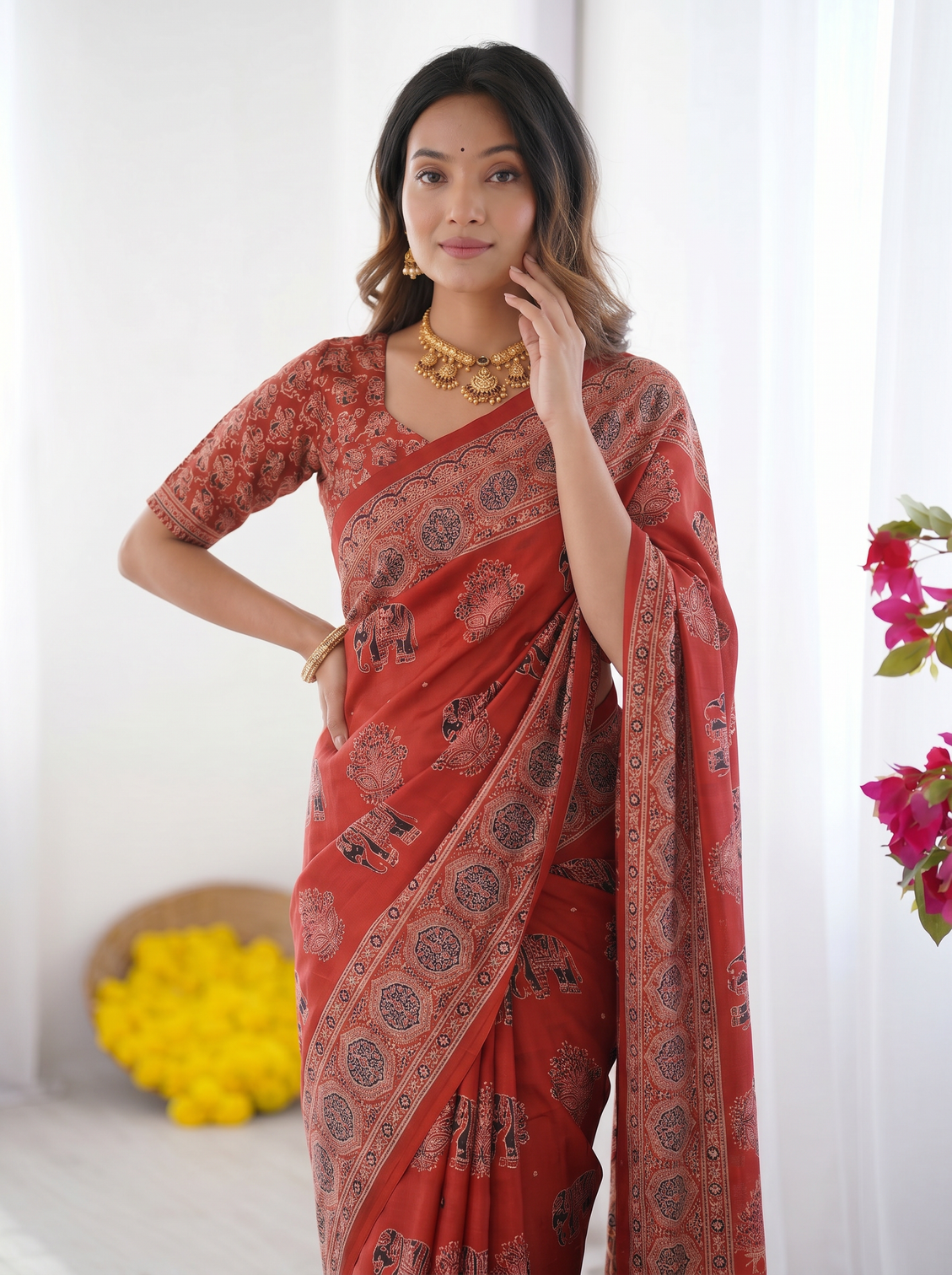 Rust red modal silk saree with elephant motif ajrakh print designer pallu traditional ethnic festive wear saree