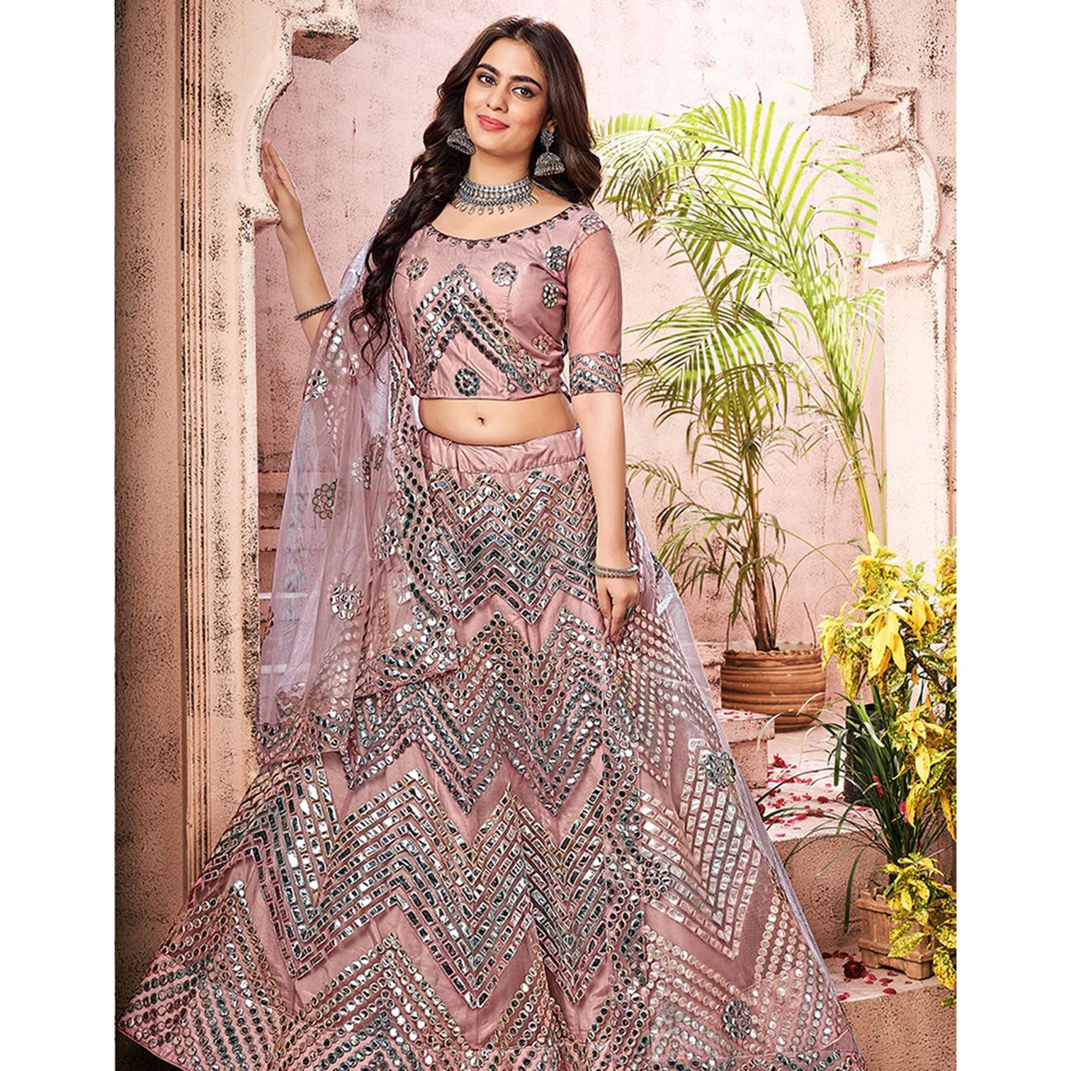 Dark Peach Foil Mirror and Thread Work Lehenga choli