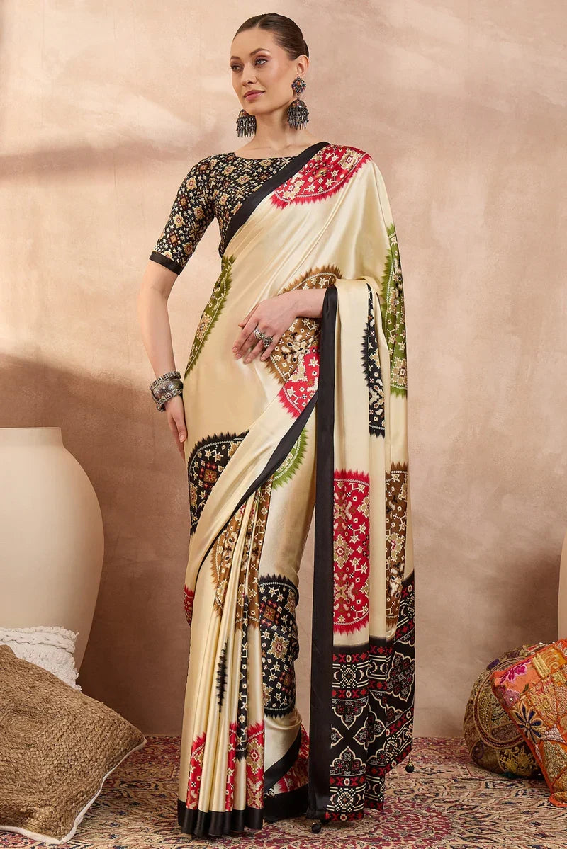 Ivory cream modal silk saree with patola inspired multicolor print black designer pallu festive traditional wear saree mameraa