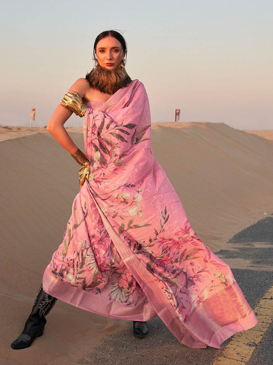 Pink Printed Linen Saree With Blouse Piece