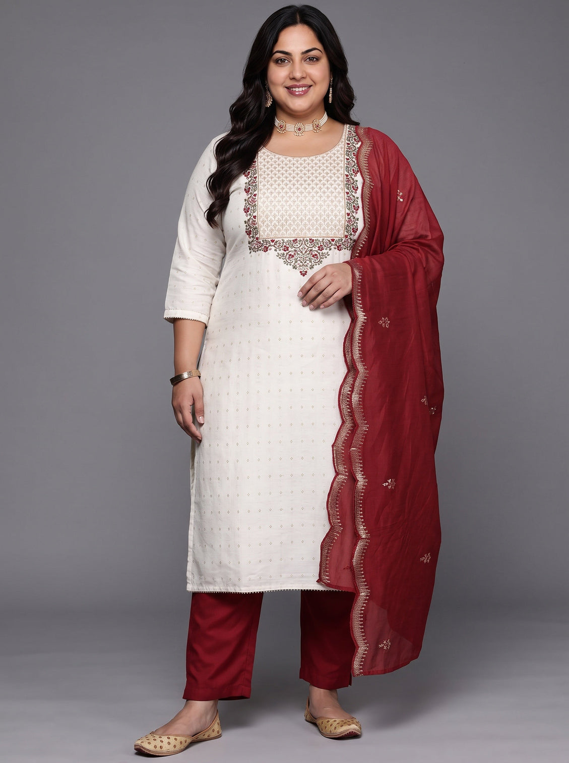 Plus Size Off-White Yoke Design Cotton Straight Kurta With Trousers & Dupatta