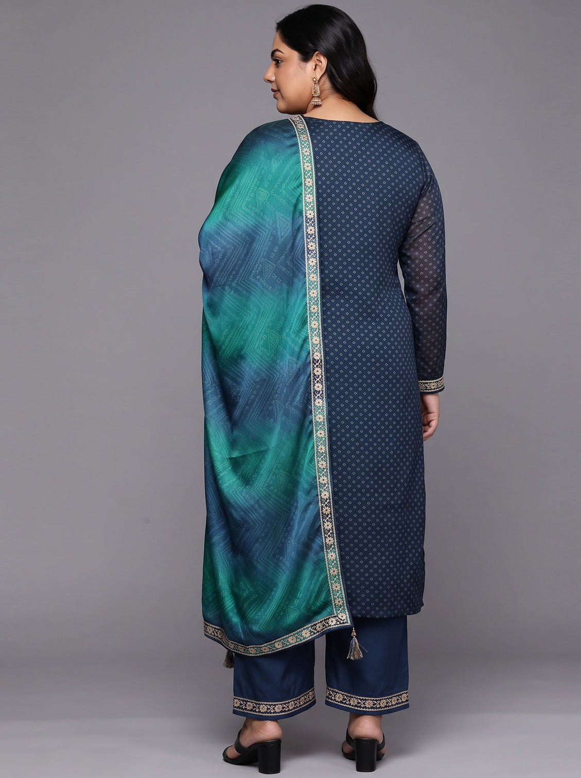 Plus Size Blue Printed Chiffon Straight Kurta With Trousers & Dupatta
