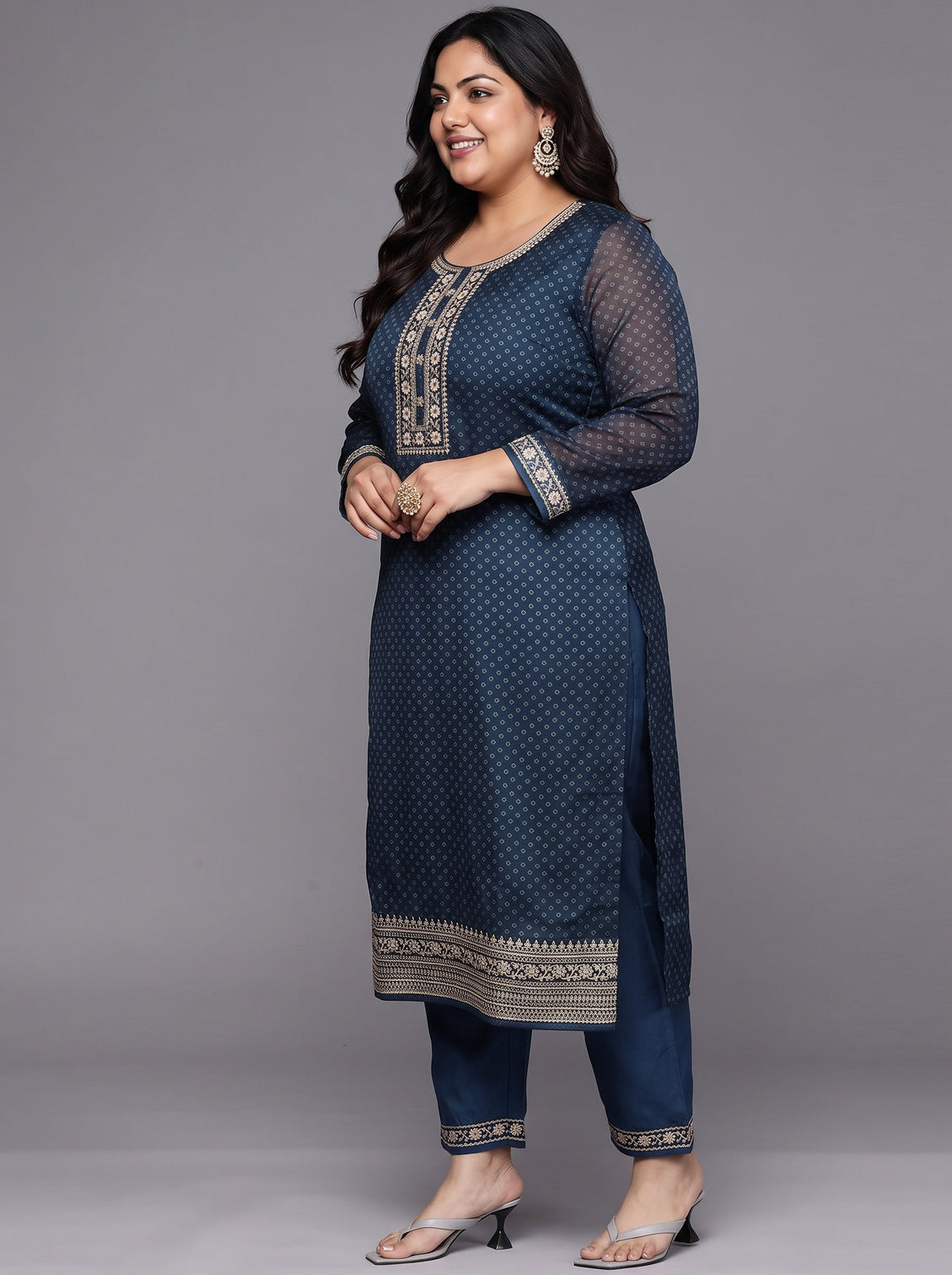 Plus Size Blue Printed Chiffon Straight Kurta With Trousers & Dupatta